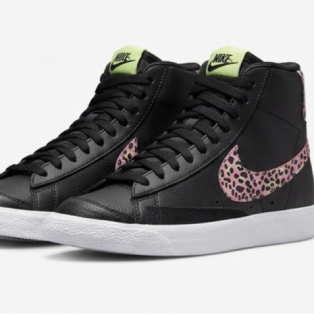 Nike Women’s Blazer Mid Sneakers - Black with Pink Leopard Swoosh